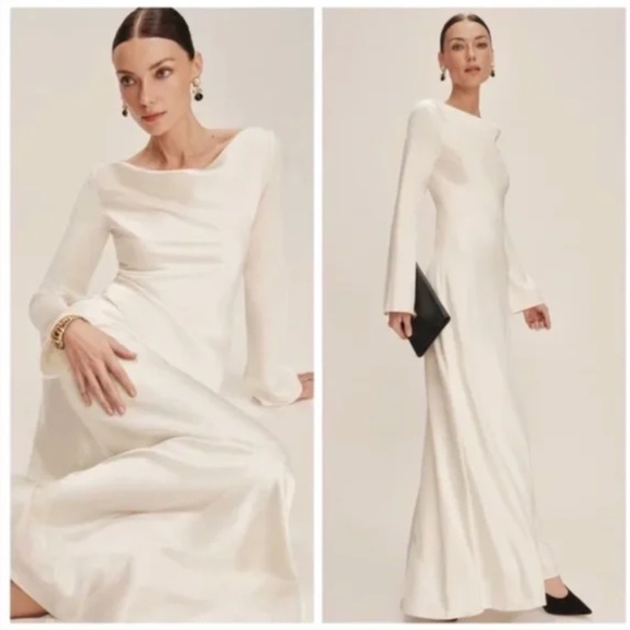 Reformation CIANA Satin Long Sleeve Maxi Dress Wedding Bridal FIOR DI LATTE Sz 2 - Picture 1 of 15